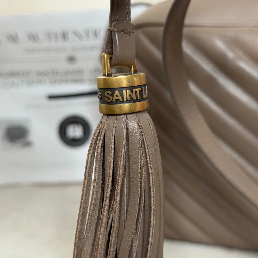 YSL Saint Laurent Lou Camera Bag Matelasse Chevron Calfskin Leather Taupe READ